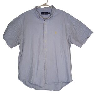 Ralph Lauren Seersucker Blue Striped Short Sleeve Shirt Yellow Pony Mens XXL‎